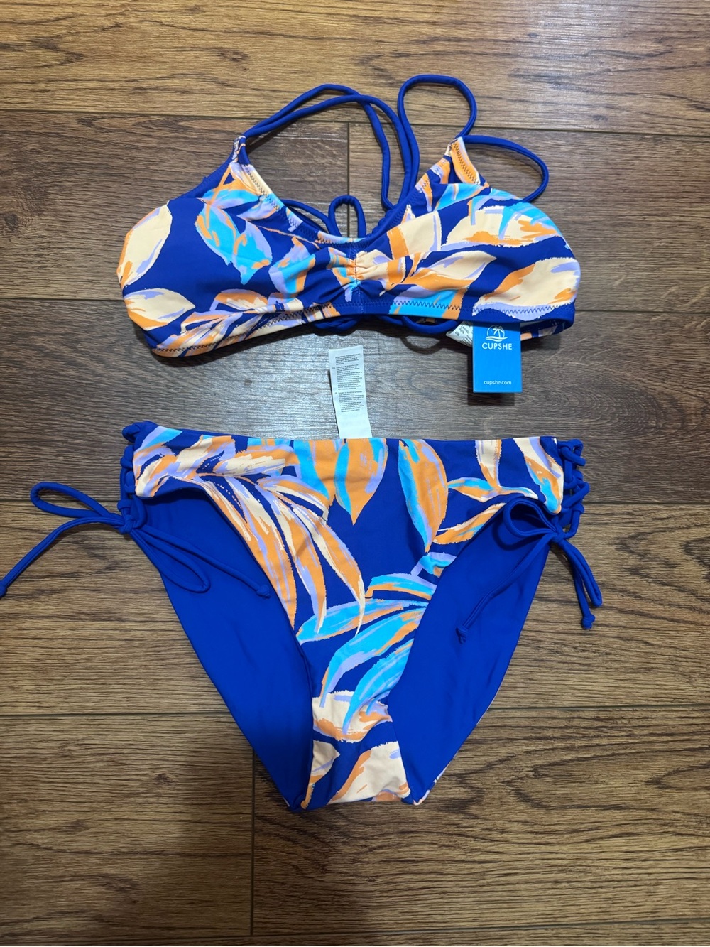 Cupshe Royal Blue Tropical Leaf Tie-Side Bikini
